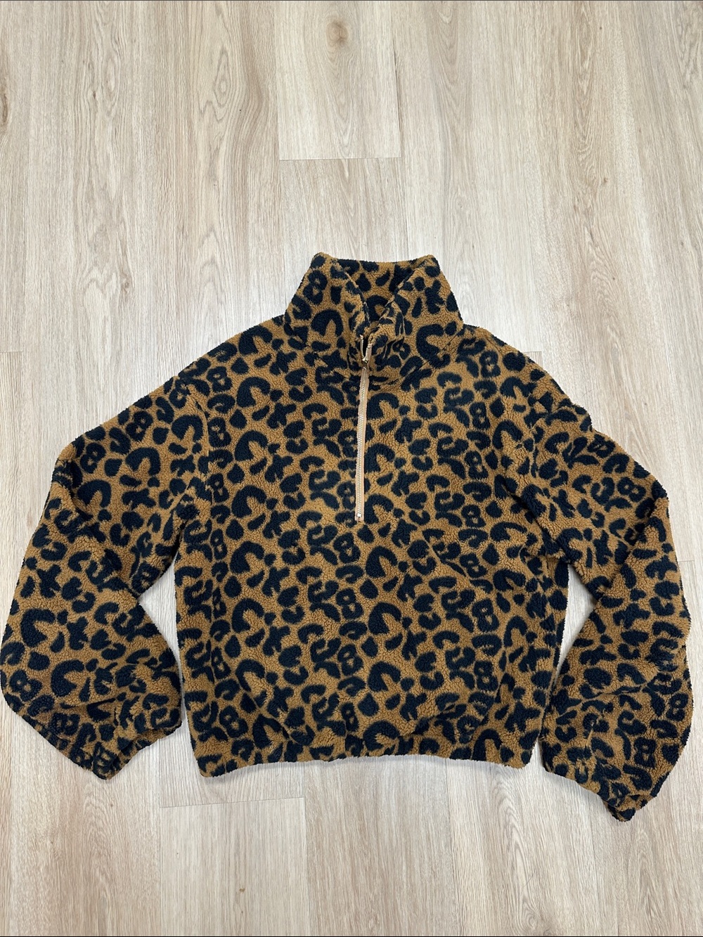 Leopard Print Sherpa Half-Zip Pullover - Camel/Black